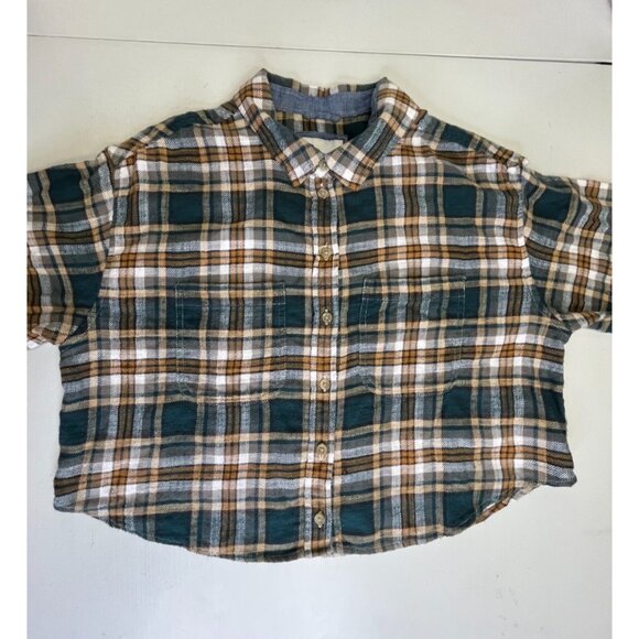 American Eagle Shirt Women's M Patchwork Cropped Boyfriend Flannel Cabin Core - Picture 1 of 15